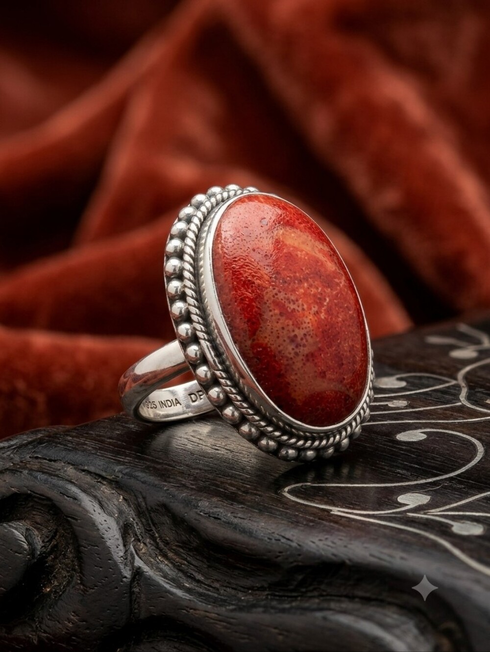 Vintage Doug Paulus Red Sponge Coral Jasper Sterling Silver Ring India